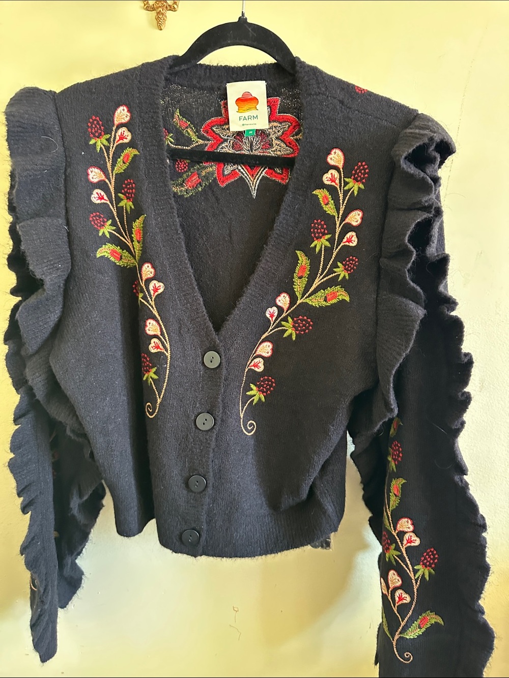 FARM Rio Navy Embroidered Ruffle-Sleeve Cardigan
